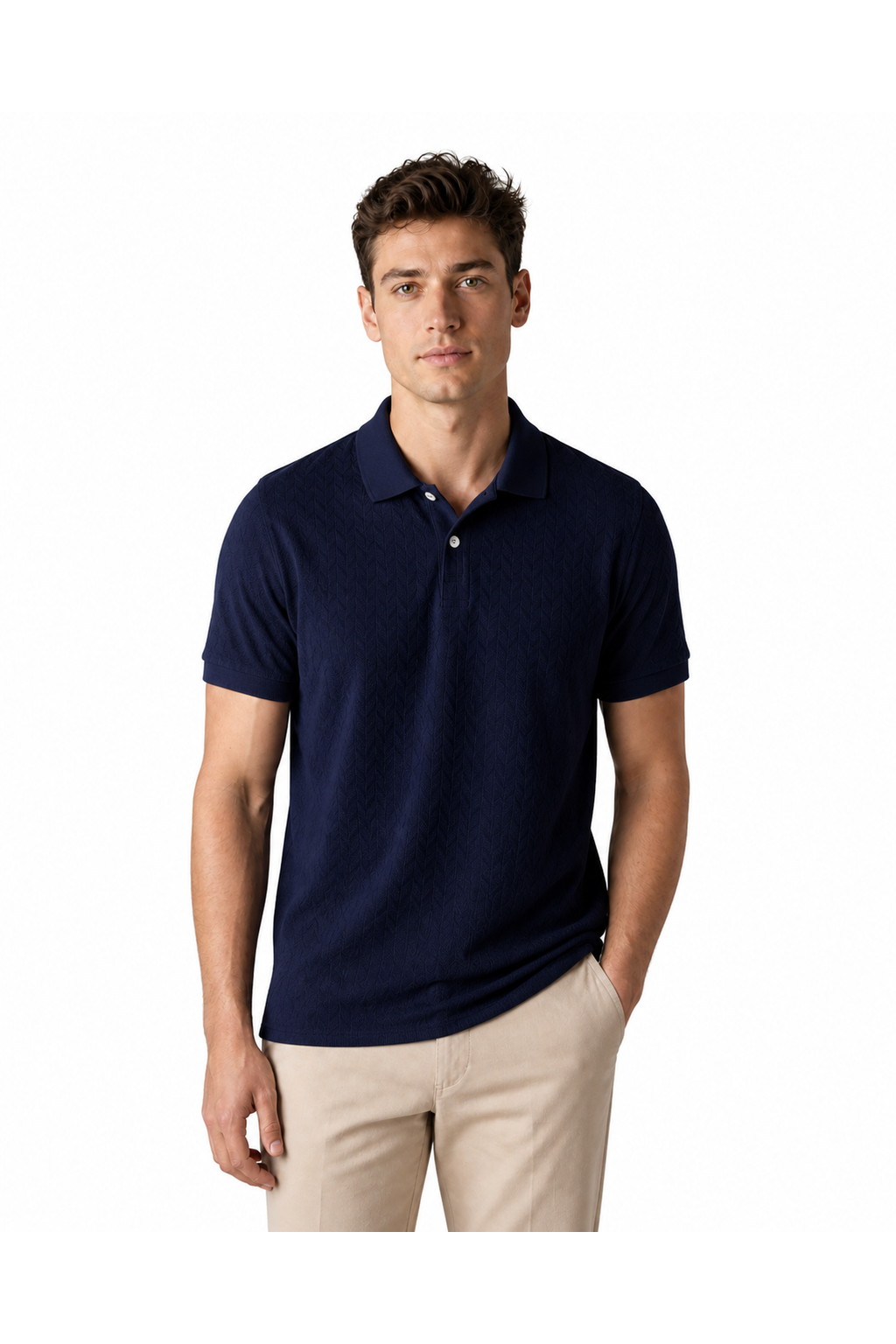 James | Textured Button Polo Shirt - Dark Blue - front - group 3