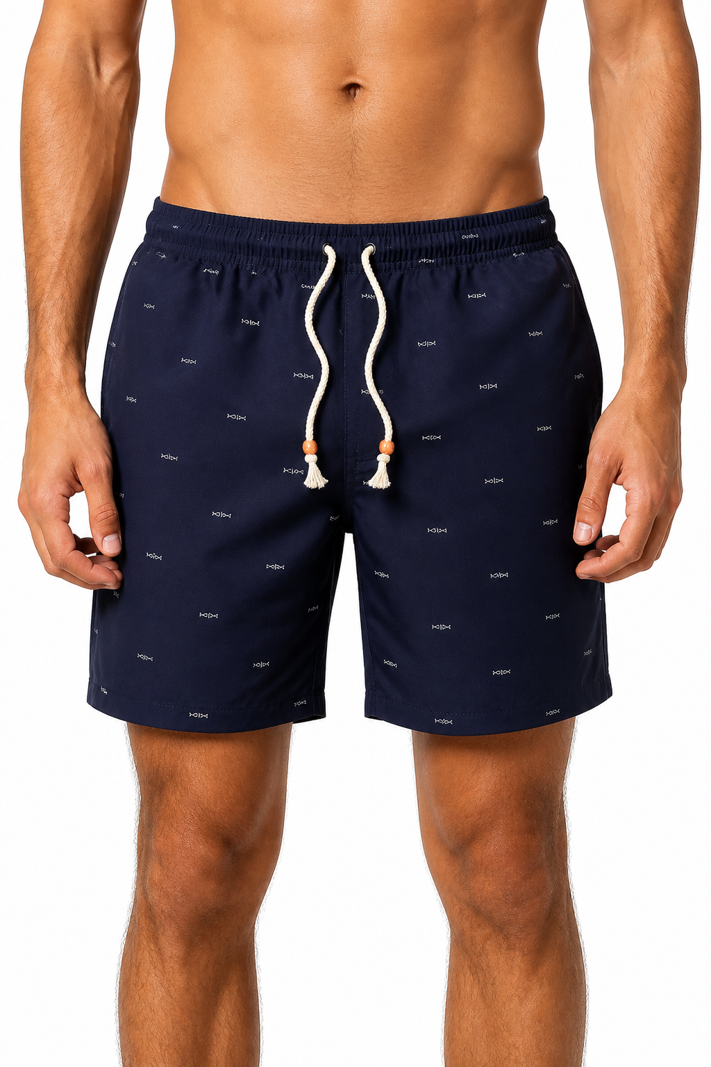 Men's Beach Shorts Printed Design Drawstring Waist, Dark blue, front view