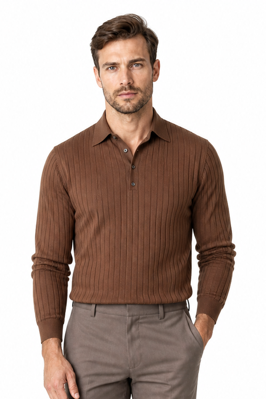 Men's Knit Polo Ribbed Texture Long Sleeves, Dark Brown, front view