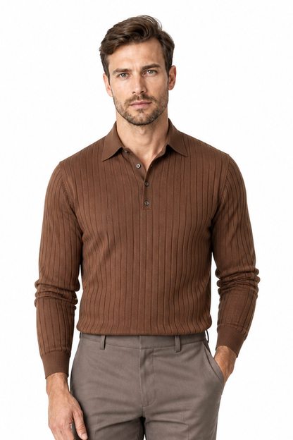 Men's Knit Polo Ribbed Texture Long Sleeves, Dark Brown, front view