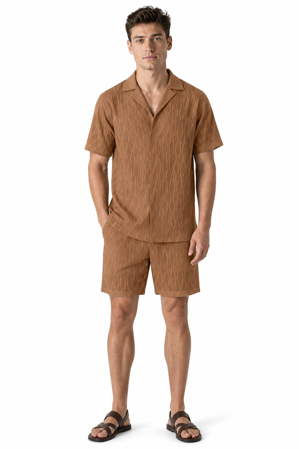 Men's Shorts Set Textured Fabric Camp Collar, Dark brown, front view