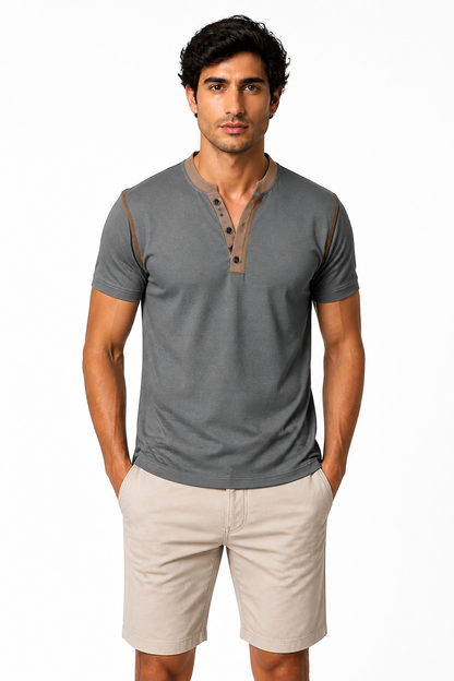 Men's Henley Shirt Contrast Trim Short Sleeves, Dark Grey, front view