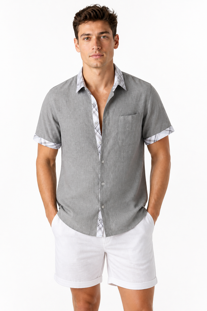 Men's Shirt Plaid Trim Short Sleeves, Gray Plaid, front view