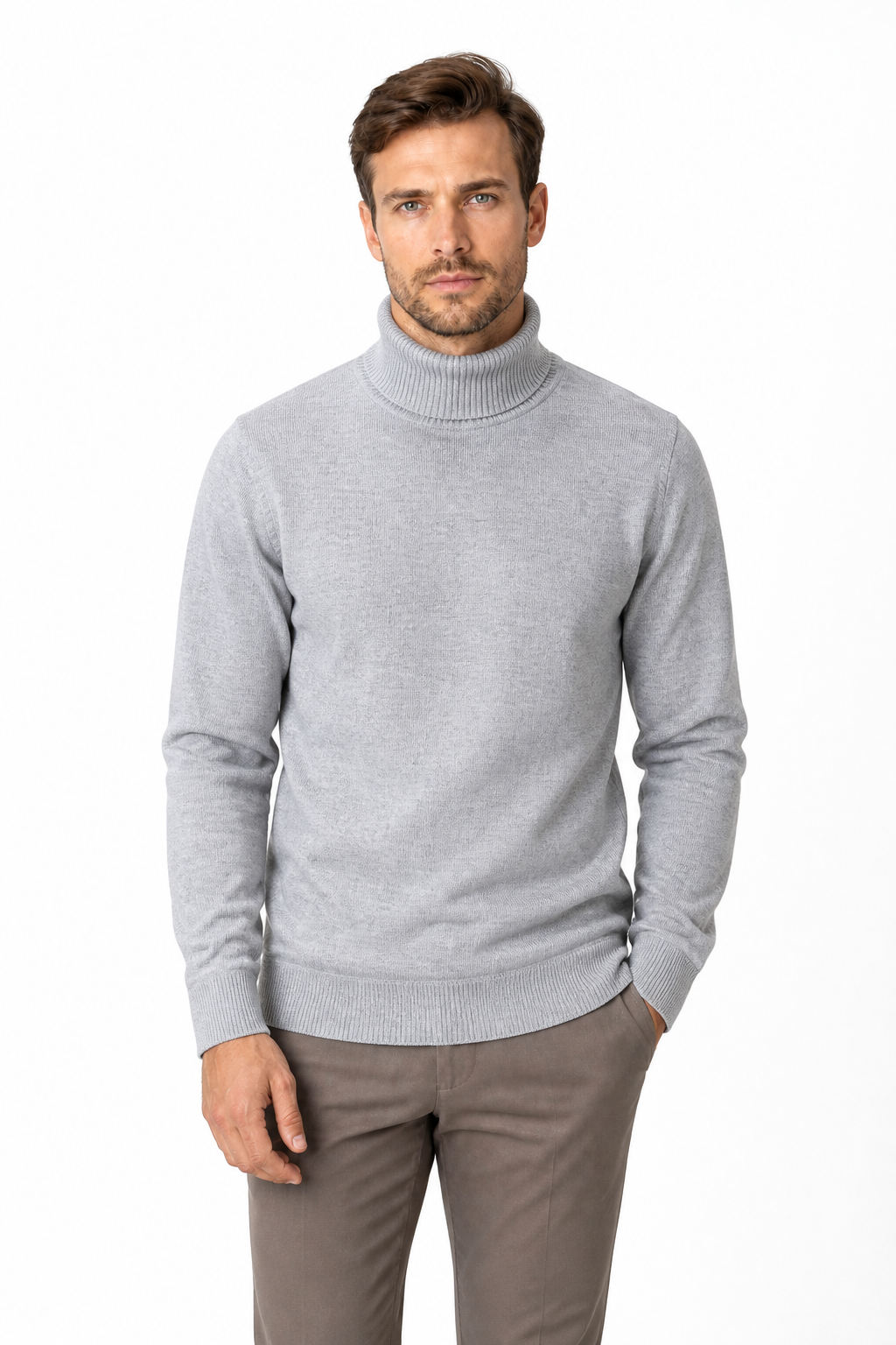 Men's Turtleneck Sweater Fleece Lining Warm Knit, Gray, front view