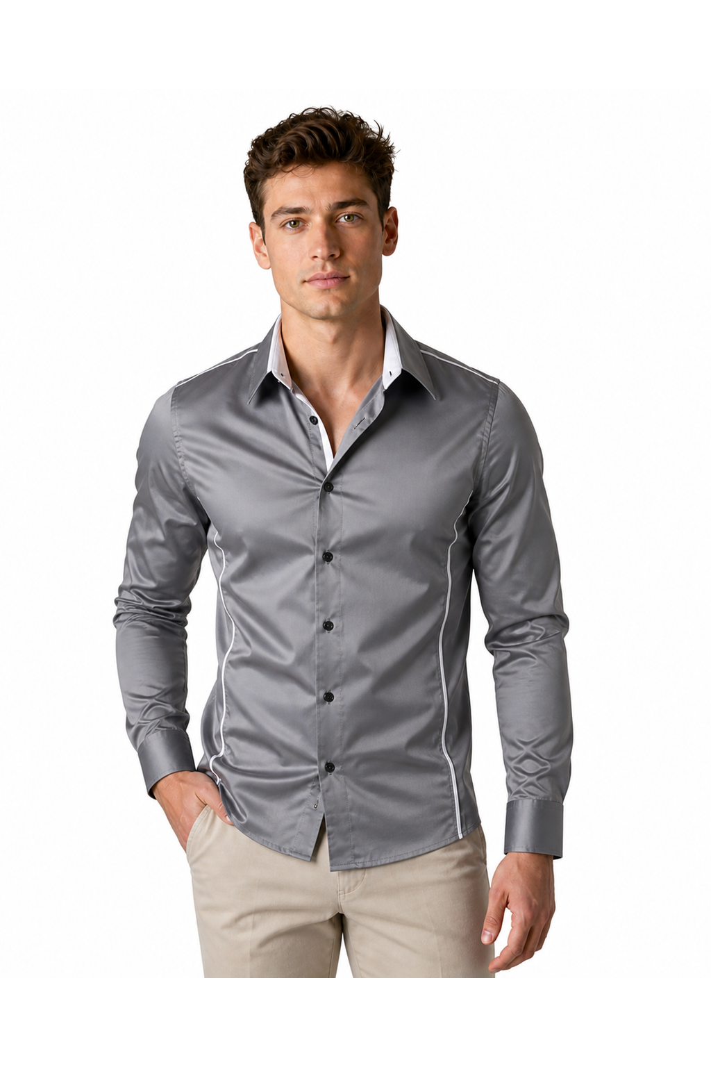 Russell | Slim-Fit Contrast-Collar Shirt - Gray - front - group 3