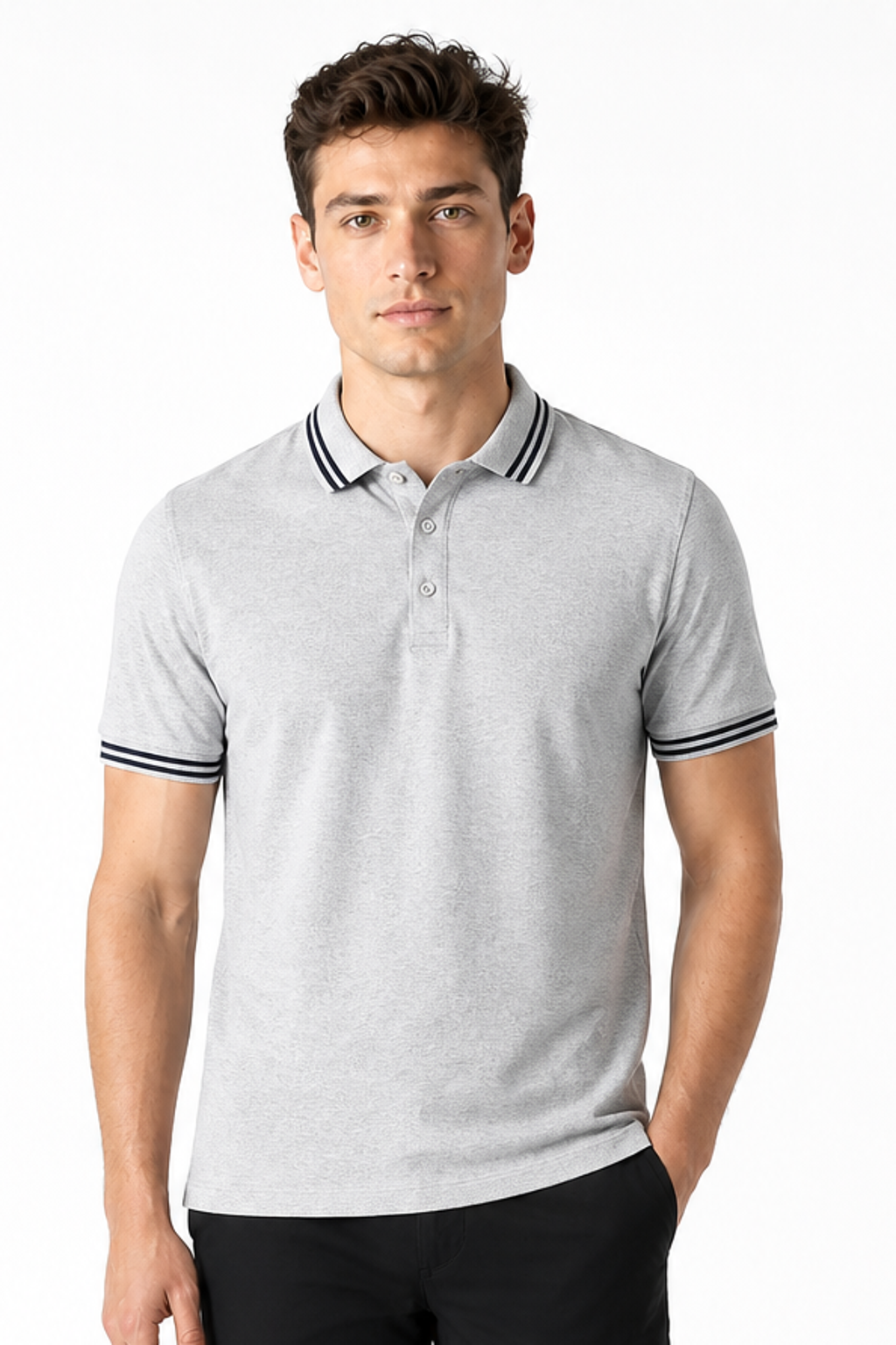 Men's Polo Shirt Contrast Trim Short Sleeves, Gray, front view