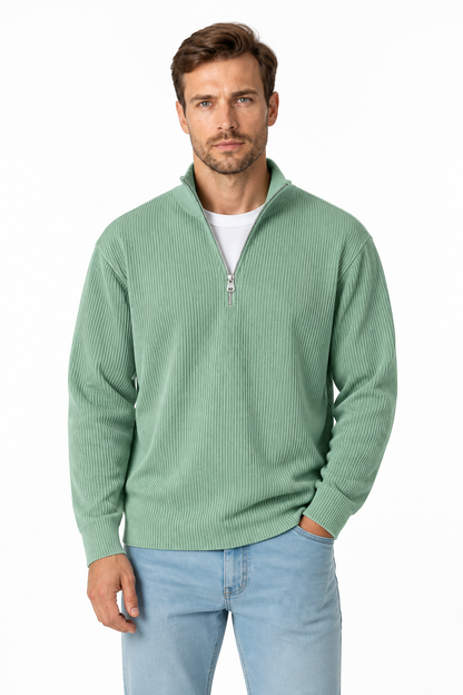 Men's Sweatshirt Corduroy Texture Quarter Zip, Green, front view
