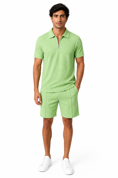 Men's Polo Shorts Set Waffle Knit Half Zip, Green, front view