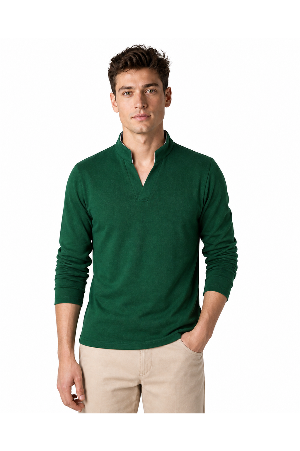 Joel | Casual Stand-Collar Henley - Green - front - group 3