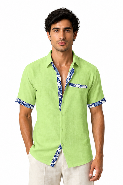 Men's Vacation Shirt Floral Trim Relaxed Fit, Green, front view