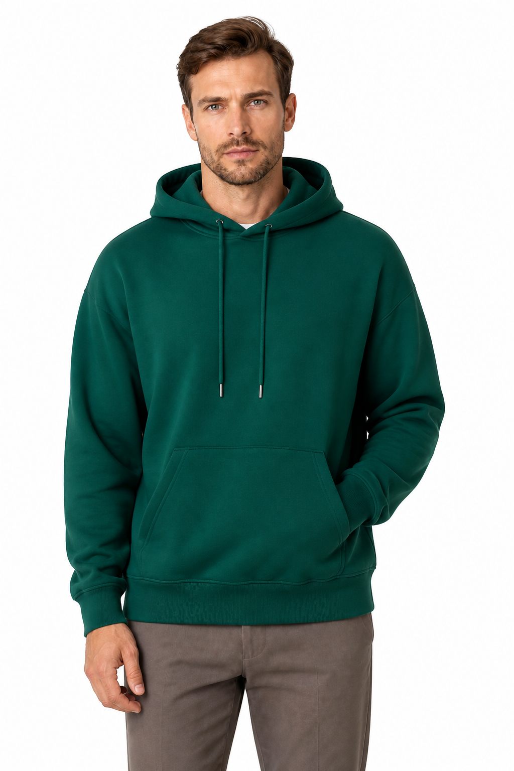 Men's Pullover Hoodie Solid Color Relaxed Fit, Green, front view