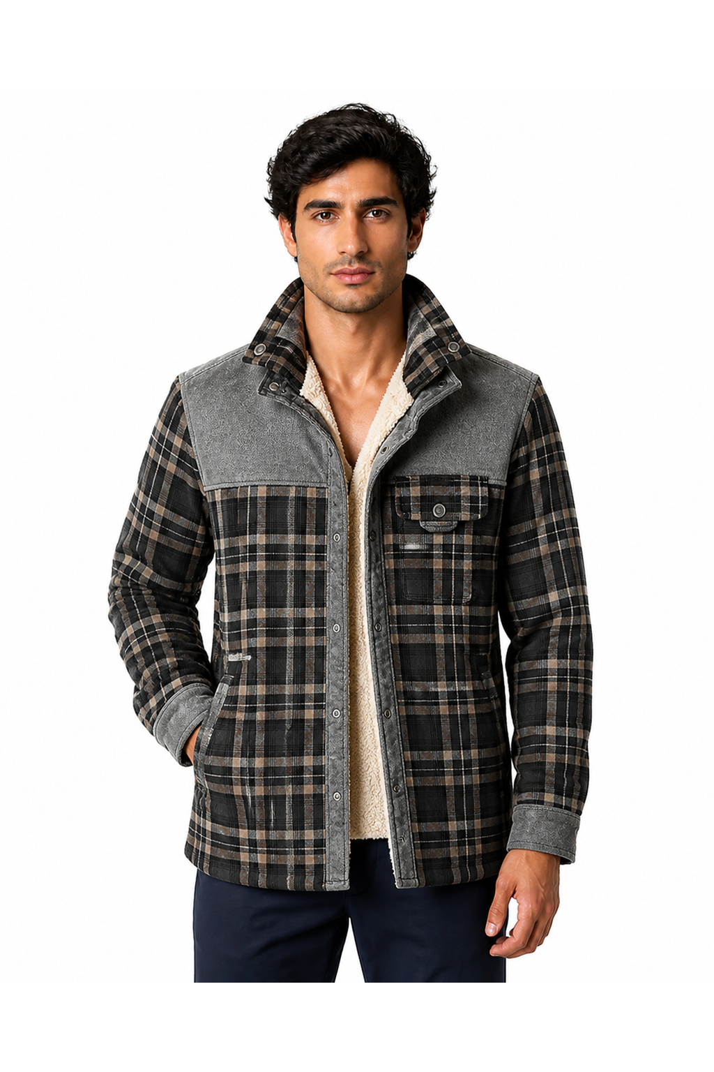 Malcolm | Sherpa-Lined Plaid Jacket - Grey - front - group 3