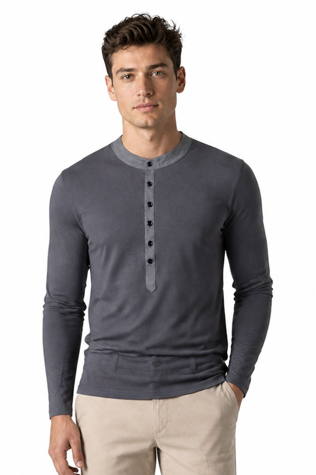 Men's Henley Shirt Layered Look Long Sleeves, Grey, front view