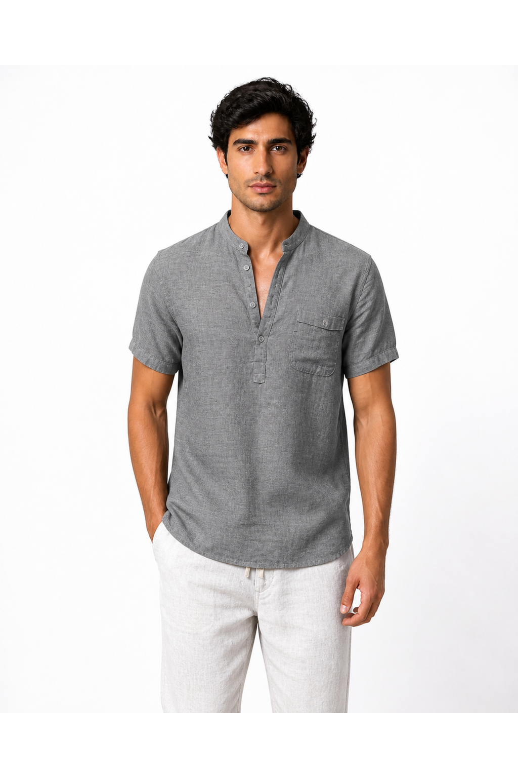 Theo | Casual Linen V-Neck Shirt - Grey - front - group 3