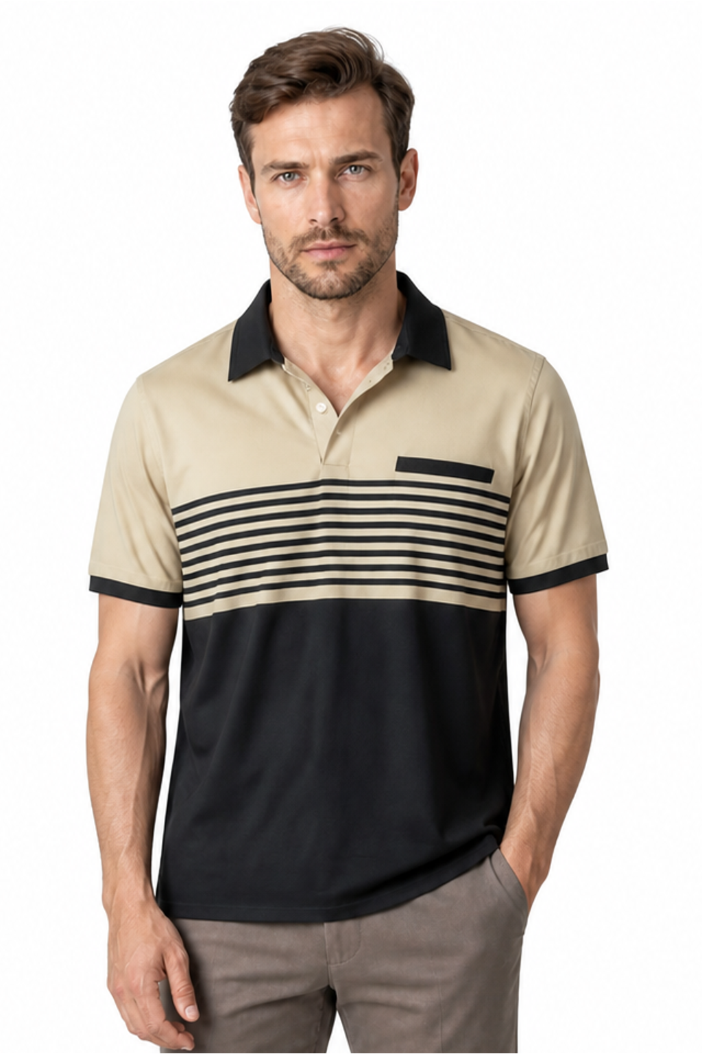 Men's Polo Shirt Striped Design Chest Pocket, Khaki, front view