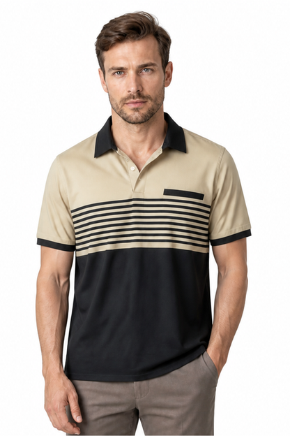 Men's Polo Shirt Striped Design Chest Pocket, Khaki, front view