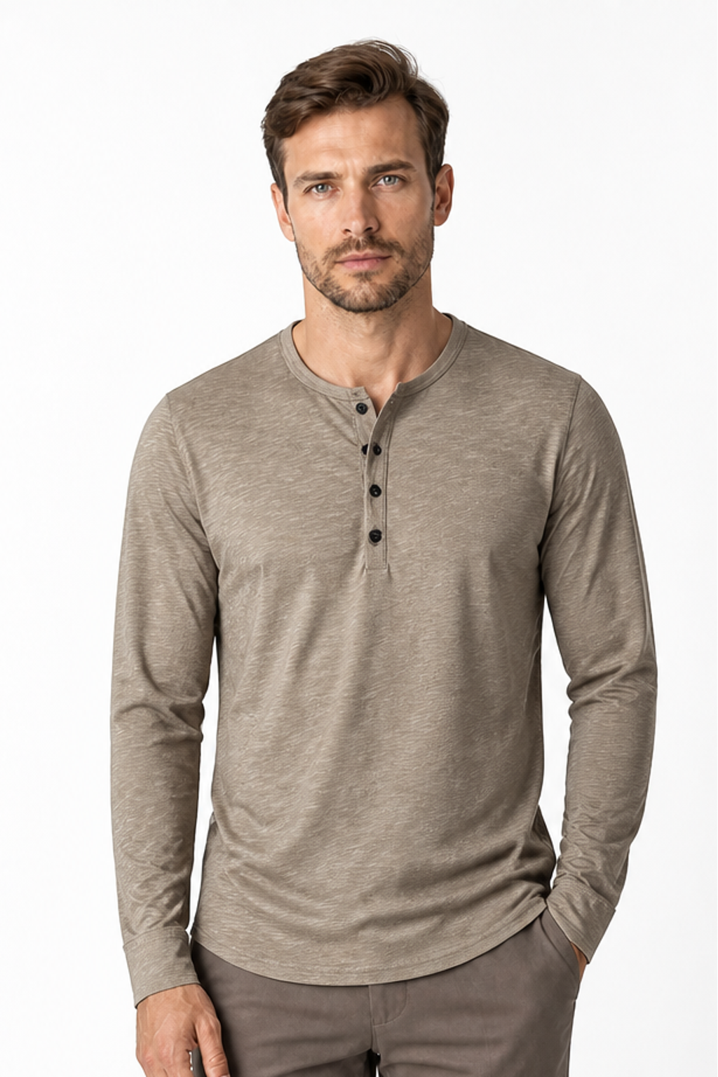 Men's Henley Shirt Long Sleeves Casual Fit, Khaki, front view