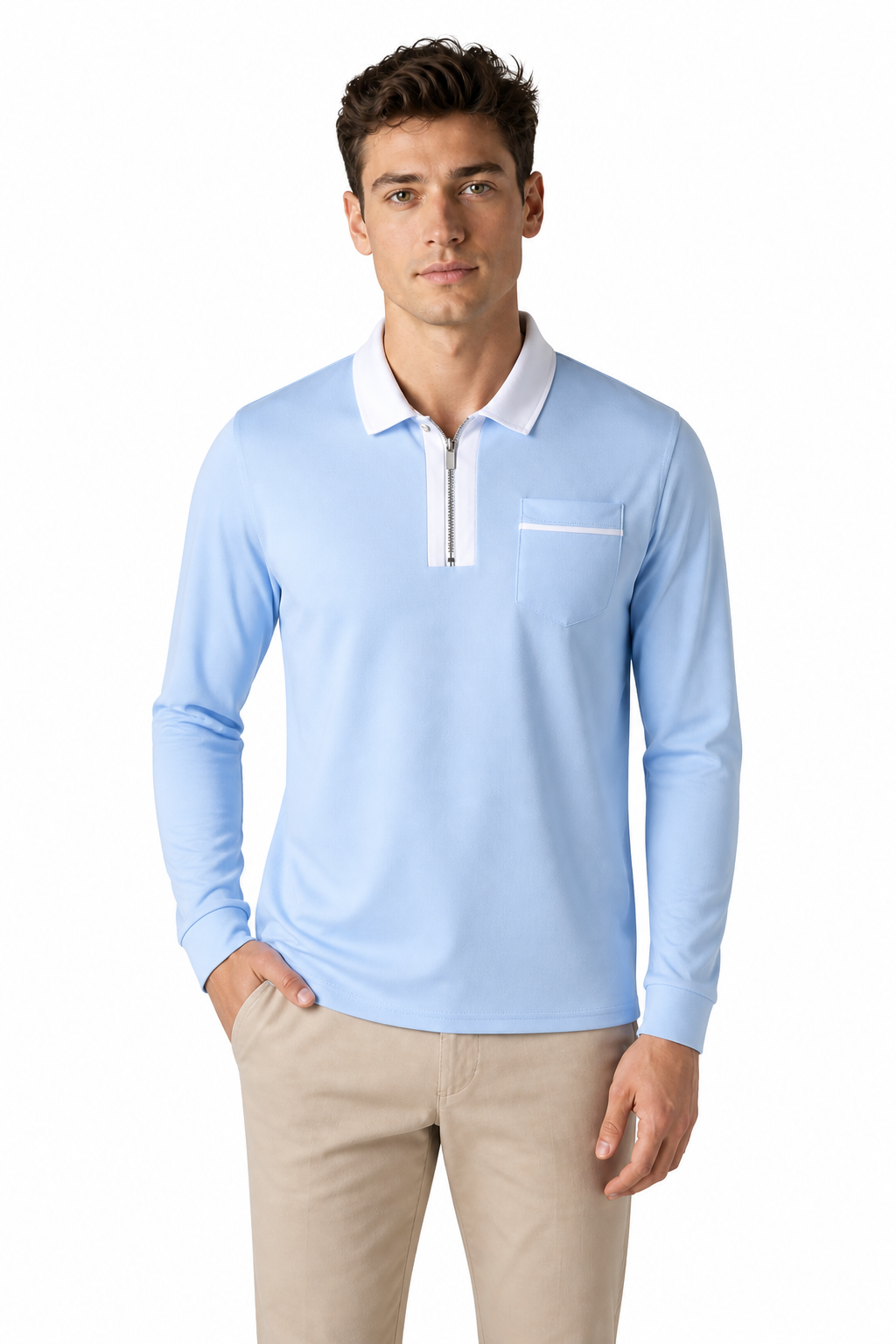 Men's Polo Shirt Contrast Collar Full Zip, Light Blue With White, front view
