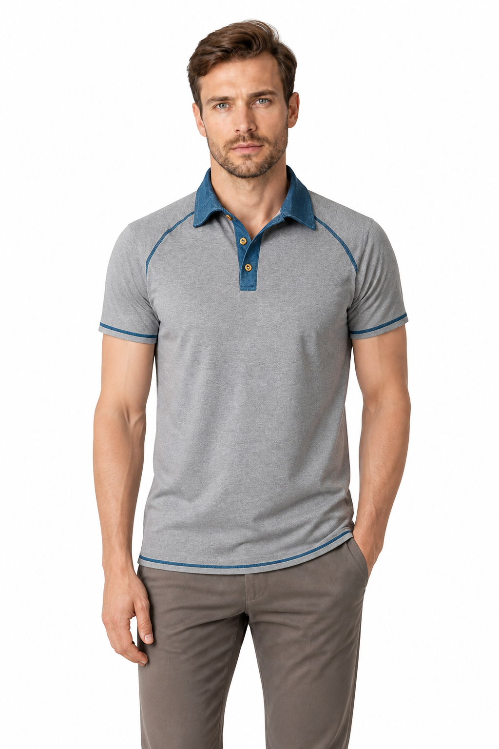 Men's Polo Shirt Contrast Stitching Short Sleeves, Light Gray, front view
