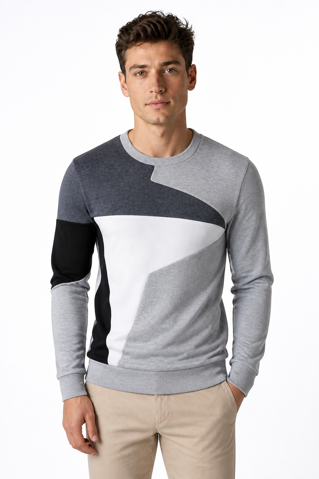 Men's Sweater Colorblock Design Crew Neck, Light Grey, front view