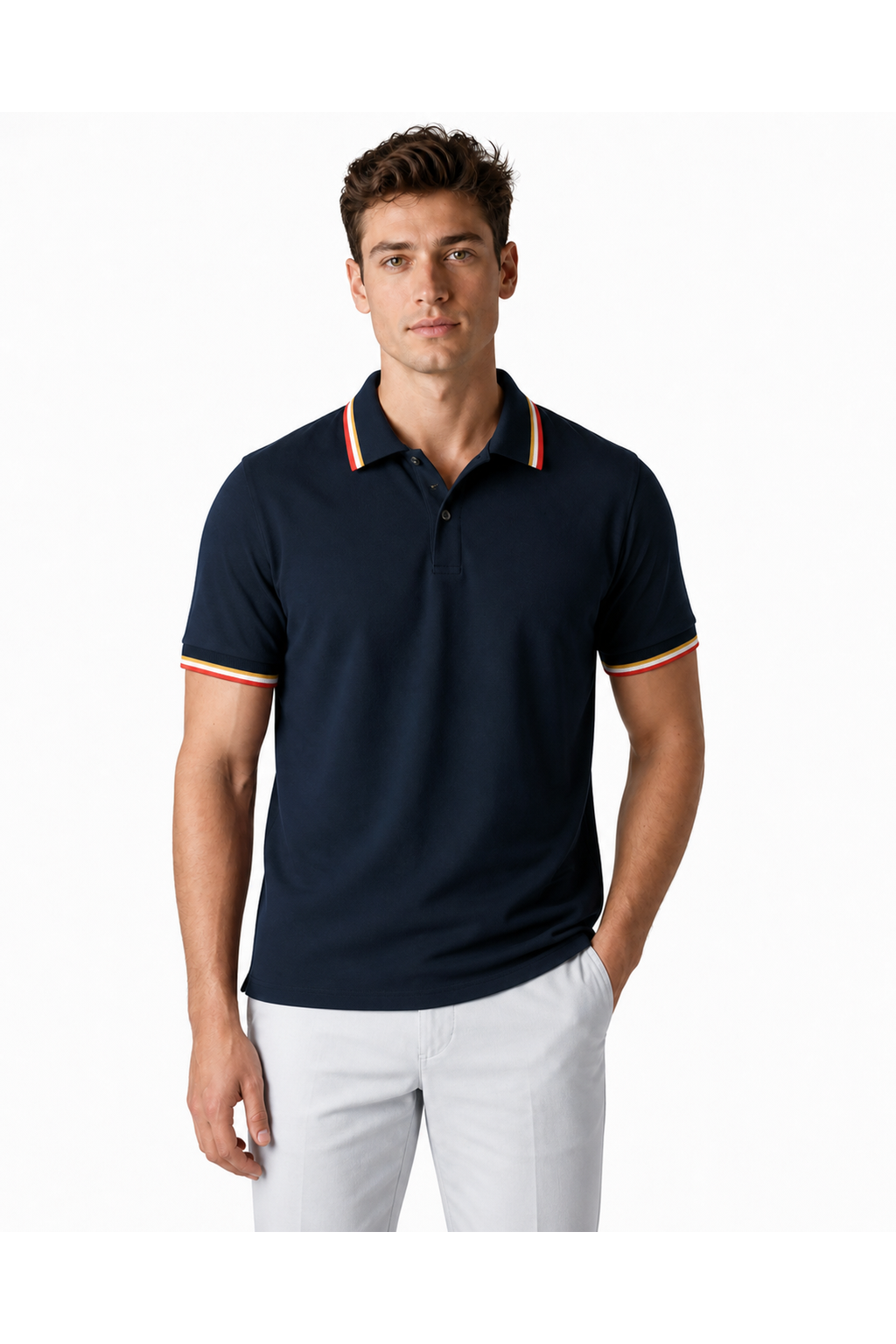 Isaac | Ribbed Stripe Polo Shirt - Navy Blue - front - group 3