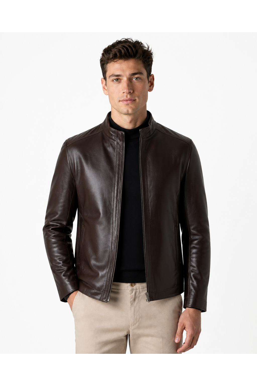 Curtis | Fleece-Lined Leather Jacket - P1 Brown Extra Thick - front - group 3