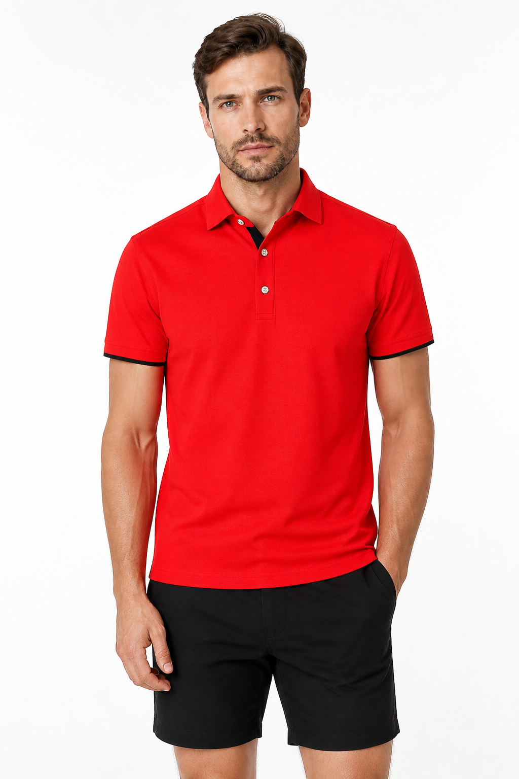Men's Polo Shirt Contrast Trim Button Collar, Red and black, front view