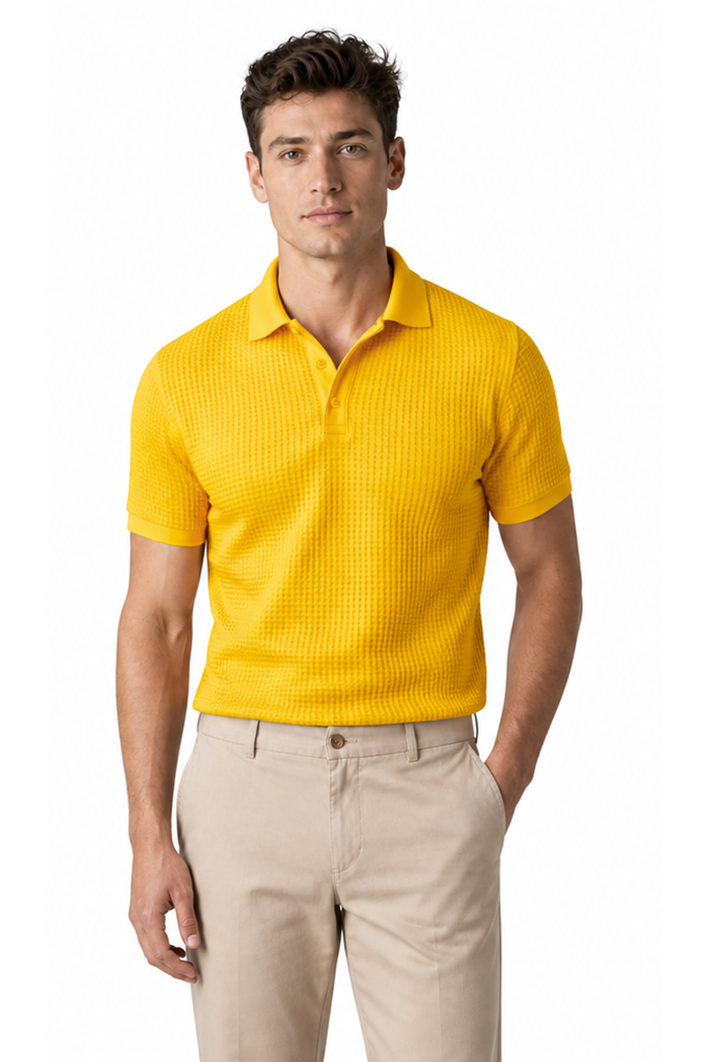 Ethan Textured Waffle Polo Shirt - Yellow - front