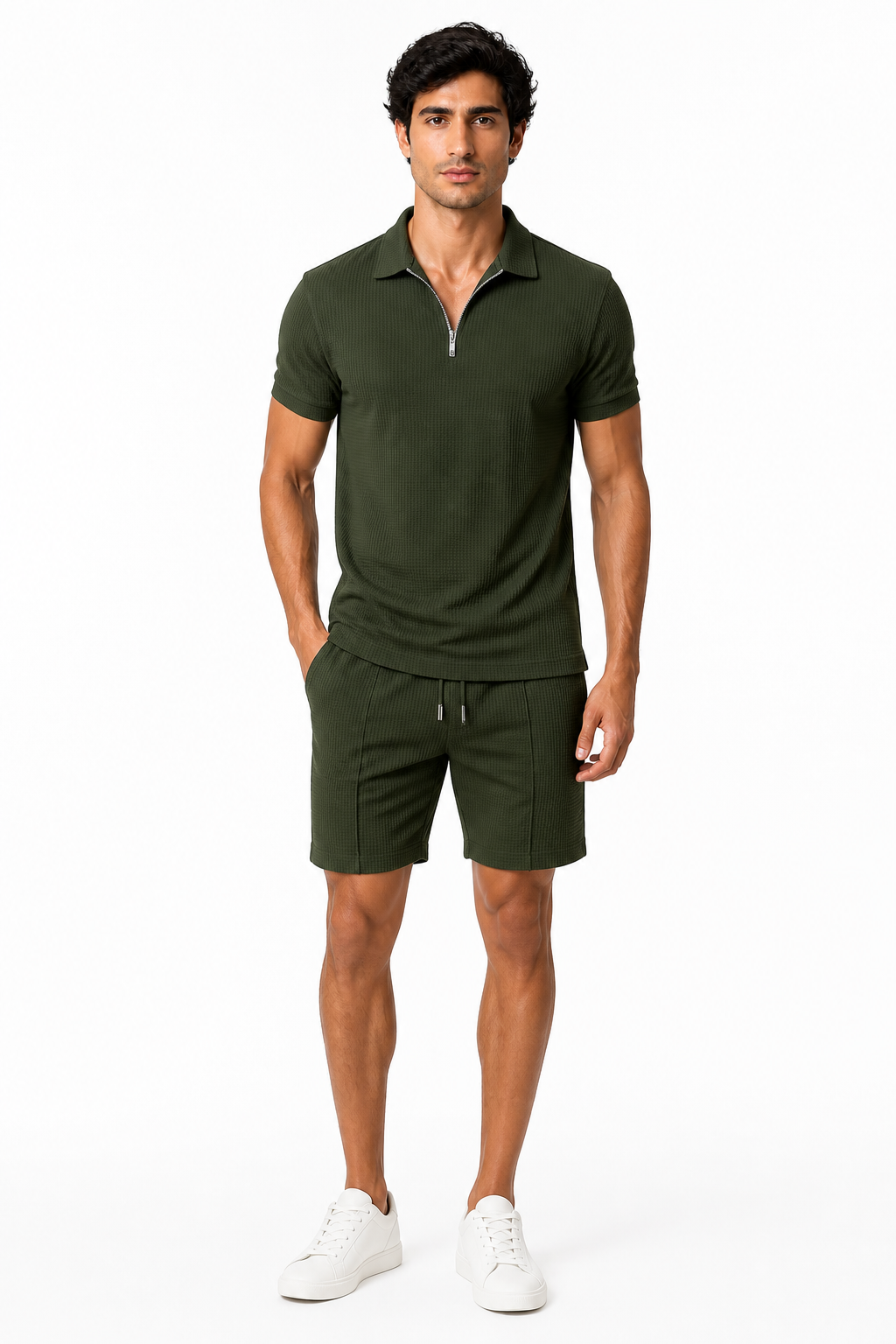 Men's Polo Shorts Set Waffle Knit Half Zip, Army Green, front view