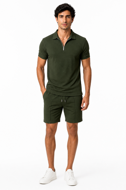 Men's Polo Shorts Set Waffle Knit Half Zip, Army Green, front view