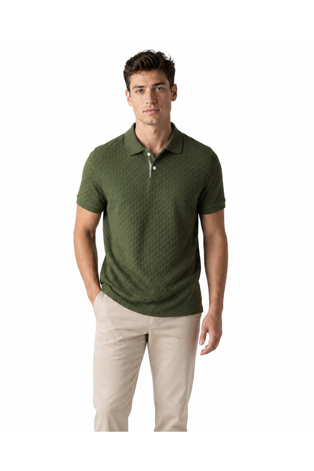 James | Textured Button Polo Shirt - Army Green - front - group 4