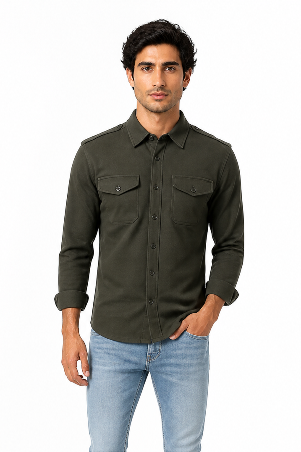 Men's Overshirt Brushed Fabric Double Pockets, Army Green, front view