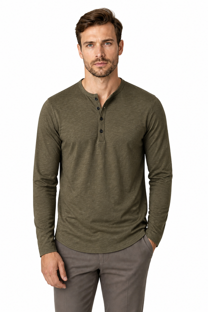 Men's Henley Shirt Long Sleeves Casual Fit, Army Green, front view