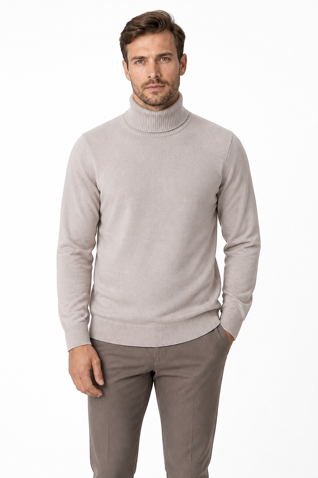 Men's Turtleneck Sweater Fleece Lining Warm Knit, Beige, front view