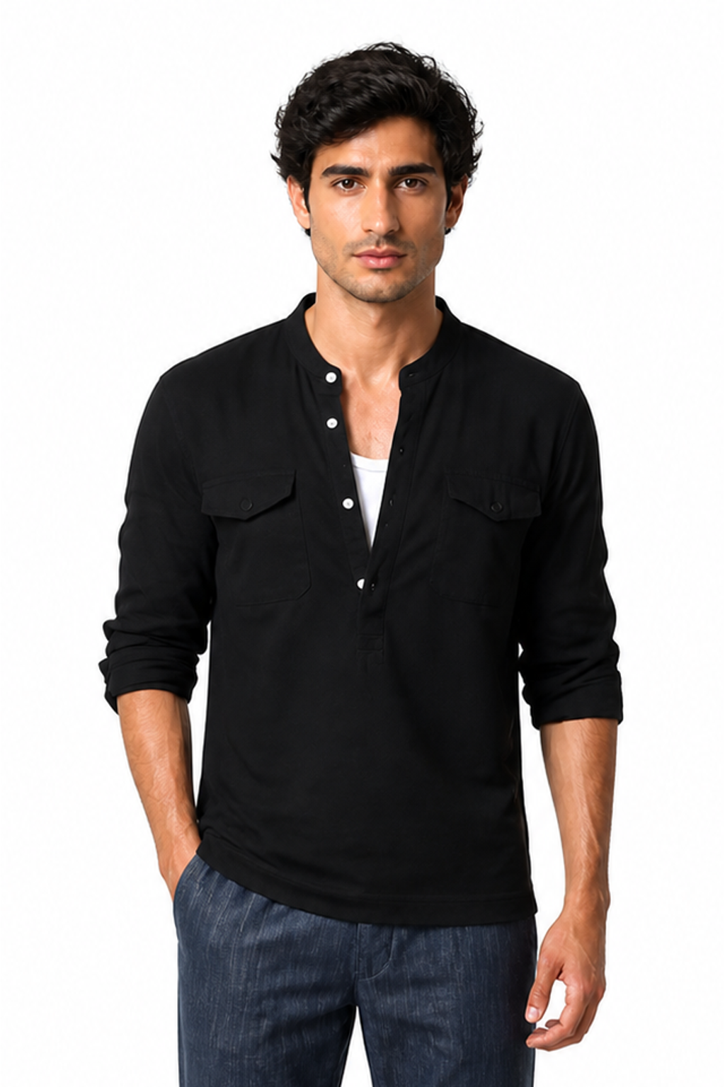 Men's Band-Collar Shirt Cotton-Linen Blend Long Sleeves, Black, front view