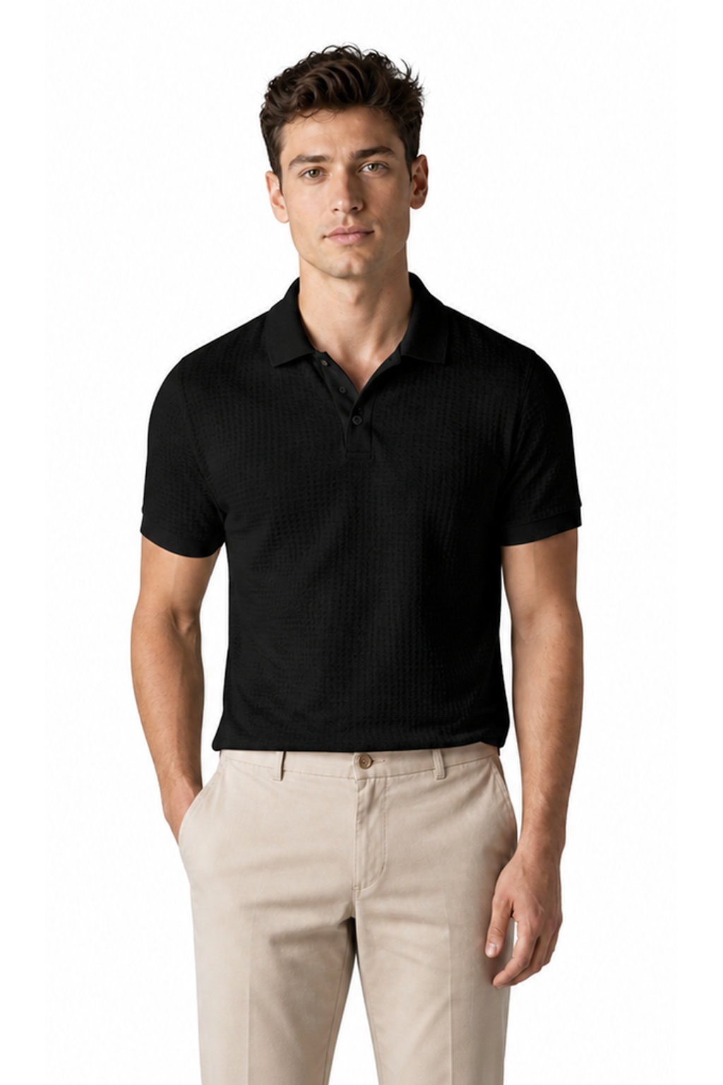 Ethan Textured Waffle Polo Shirt - Black - front