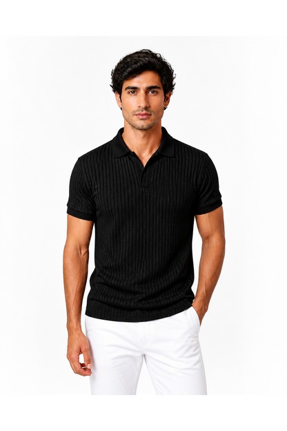Marcus | Vertical-Rib V-Neck Polo - Black - front - group 4