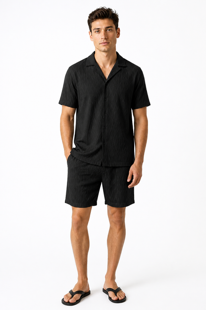 Men's Shorts Set Textured Fabric Camp Collar, Black, front view