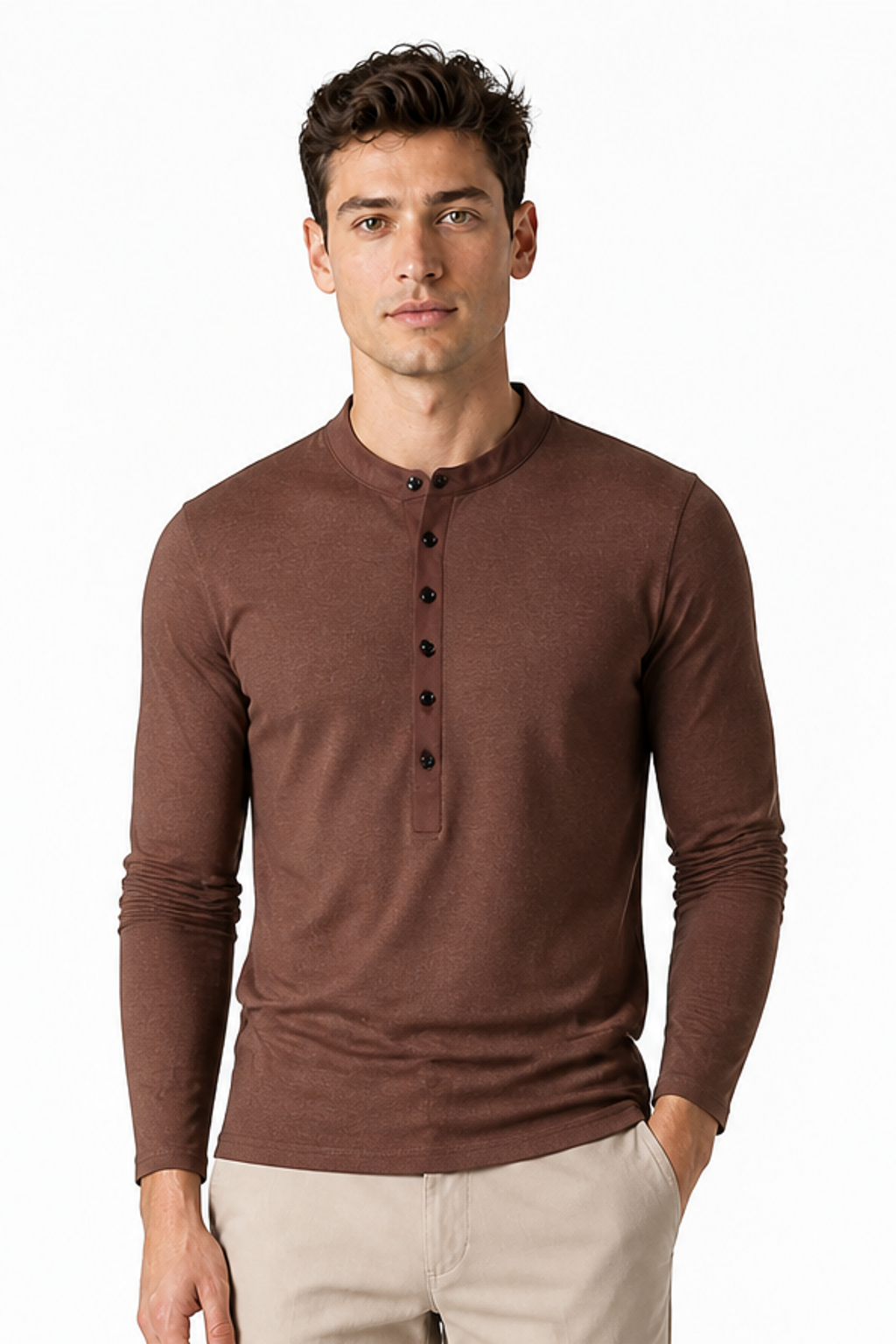 Men's Henley Shirt Layered Look Long Sleeves, Coffee, front view