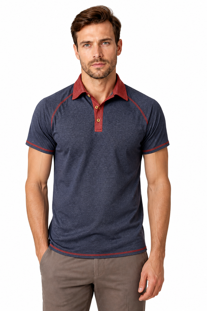 Men's Polo Shirt Contrast Stitching Short Sleeves, Dark Blue, front view