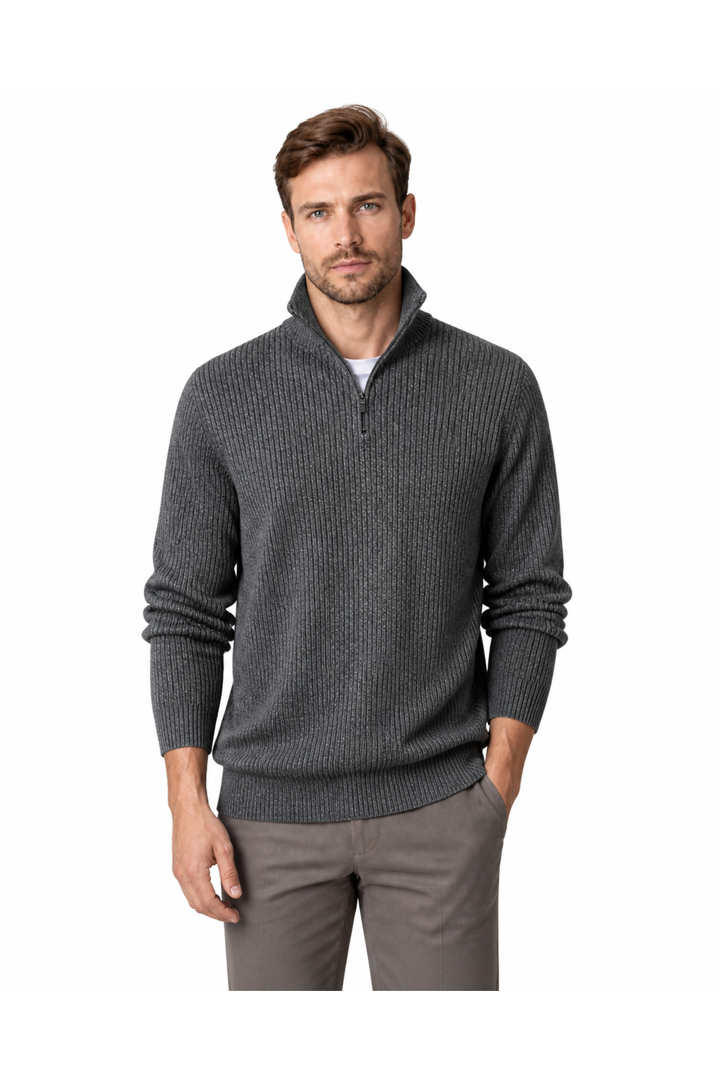 Aiden | Striped Half-Zip Polo Sweater - Dark Grey - front - group 4