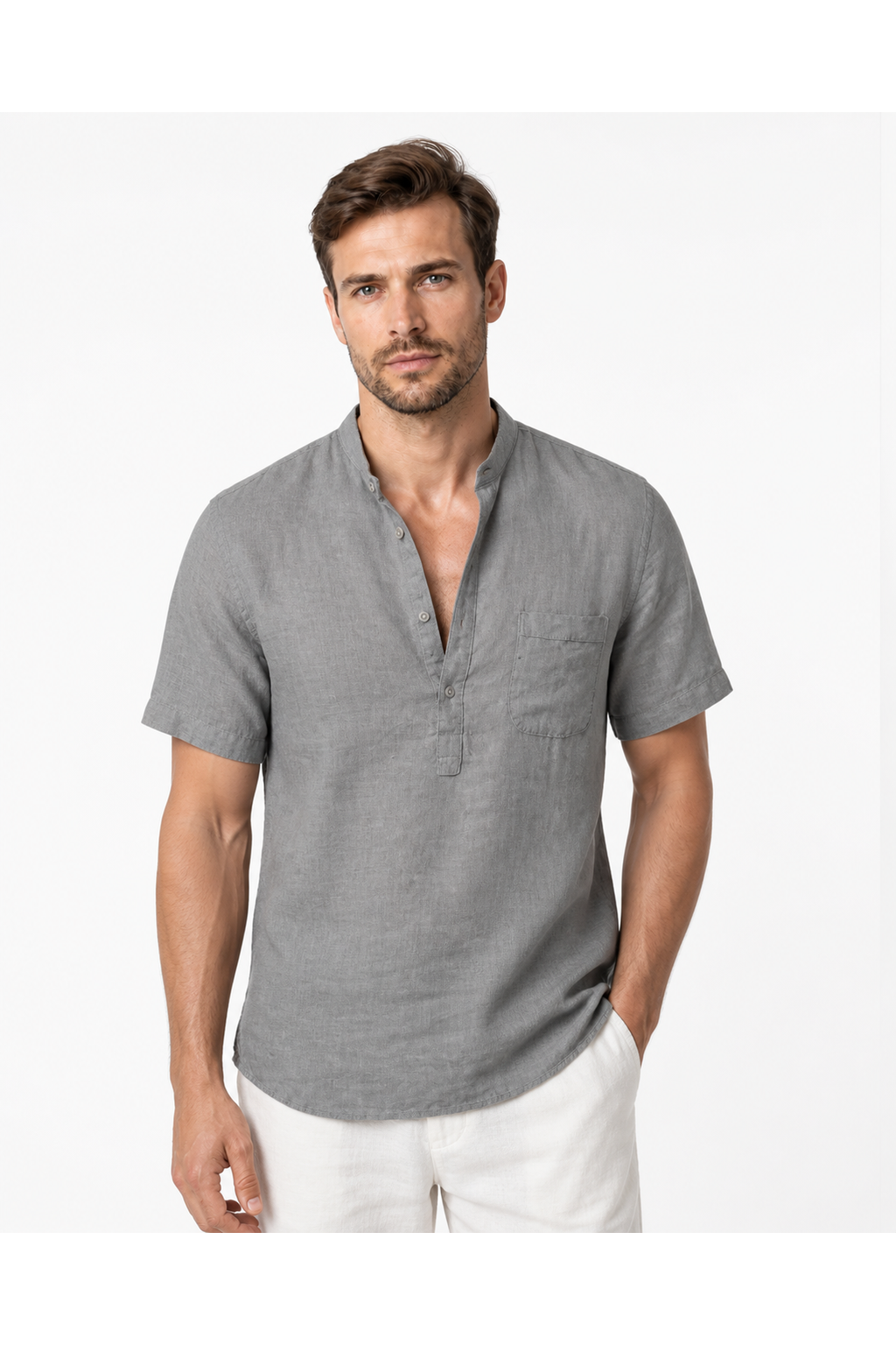 Adrian | Relaxed Linen V-Neck Shirt - Gray - front - group 4