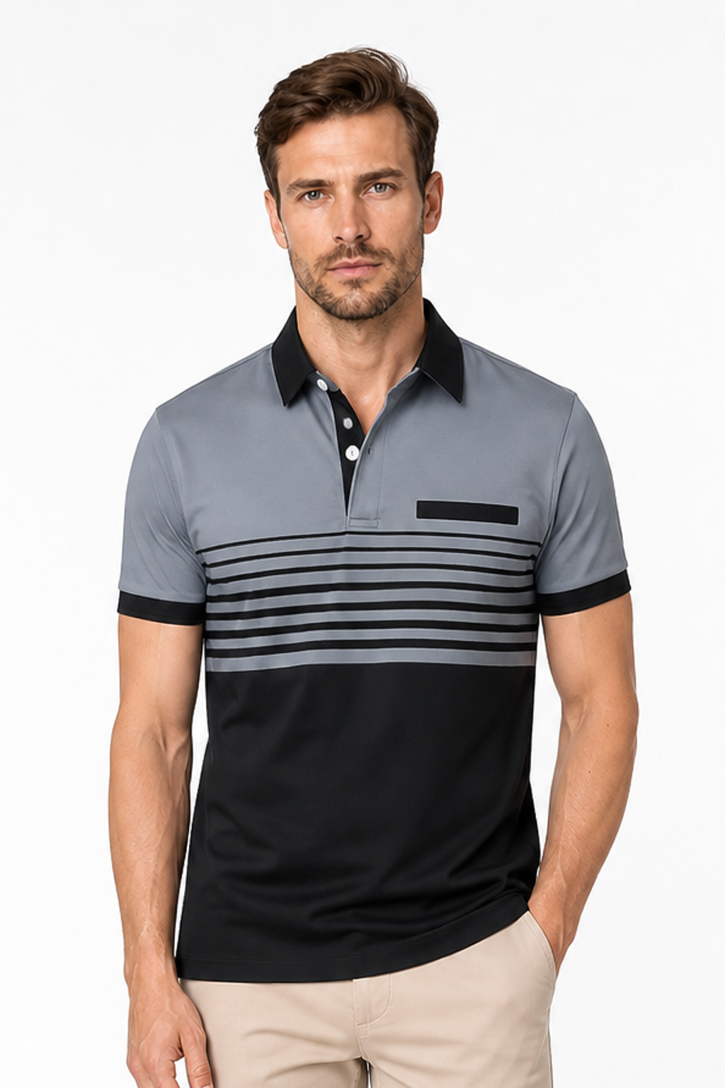 Men's Polo Shirt Striped Design Chest Pocket, Gray, front view