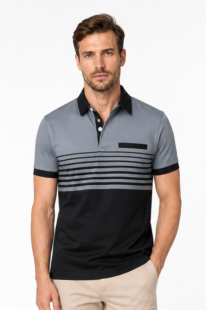 Men's Polo Shirt Striped Design Chest Pocket, Gray, front view