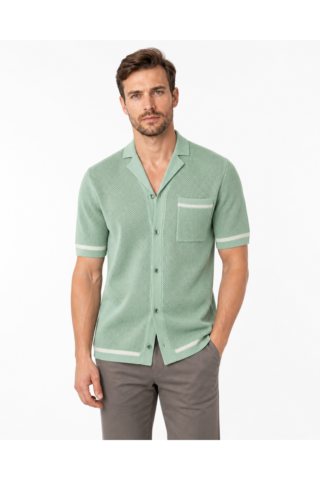 Jonah | Cuban-Collar Knit Shirt - Green - front - group 4