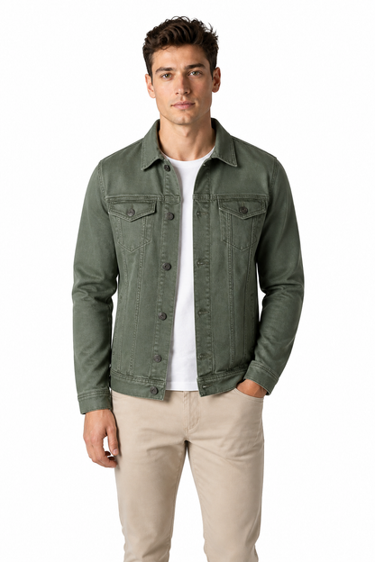 Men's Trucker Jacket Classic Denim Button Front, Green, front view