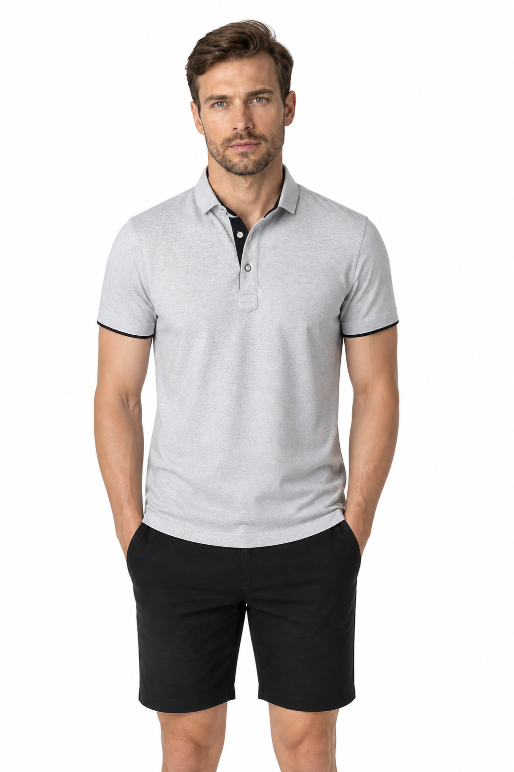 Men's Polo Shirt Contrast Trim Button Collar, Grey and black, front view