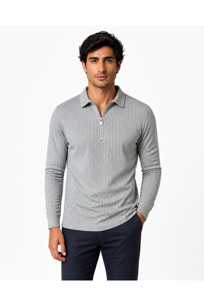 Henry | Striped Half-Zip Polo Sweater - Grey - front - group 4