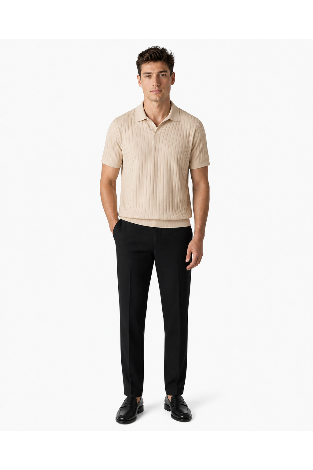 Evan | Textured Knit Polo Shirt - K02 Apricot - front - group 4