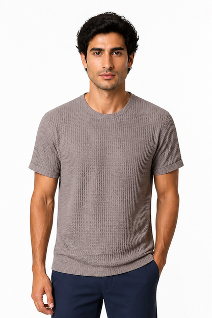 Men's T-Shirt Textured Fabric Crew Neck, Khaki, front view